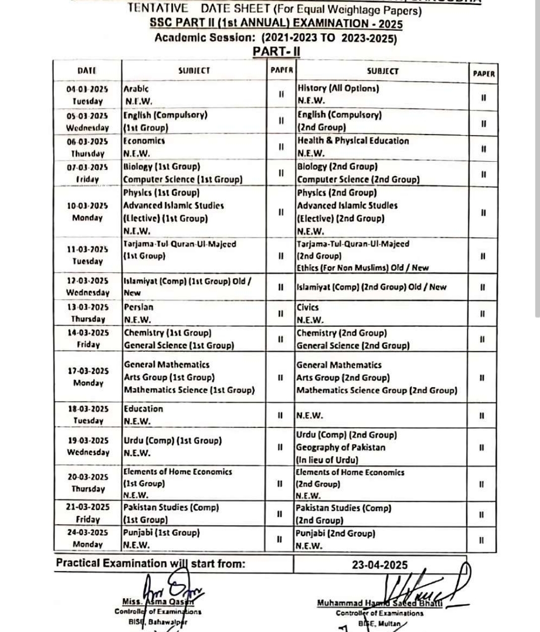 Date Sheet of 10th Class 2025 Rawalpindi Board
